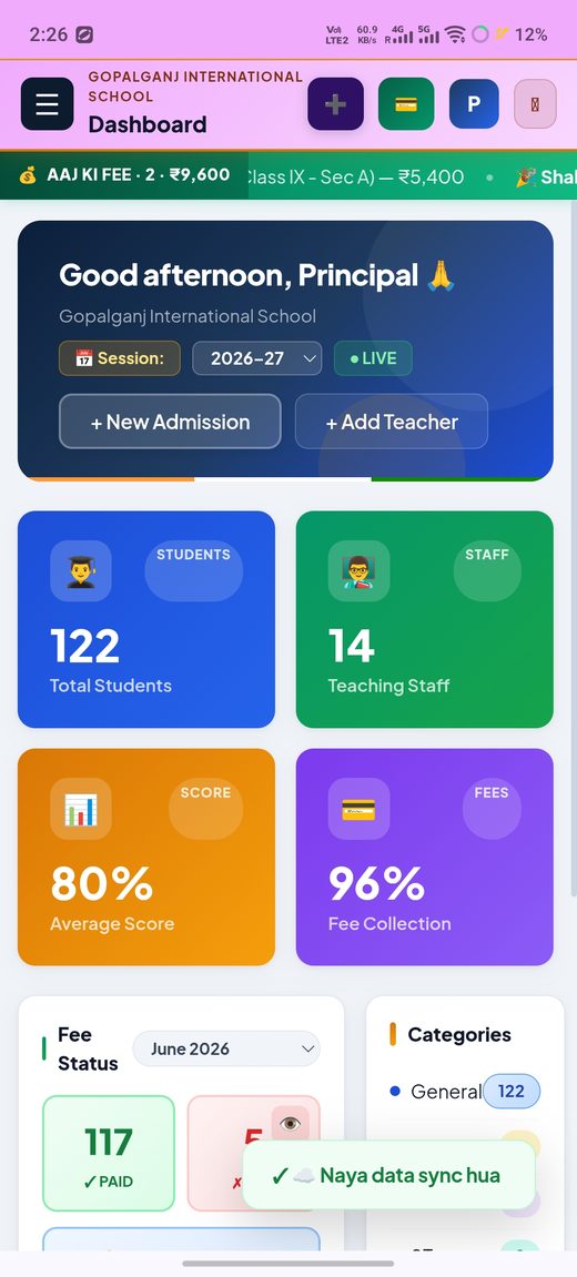 SchoolKhata Dashboard — students, staff, score, fee collection